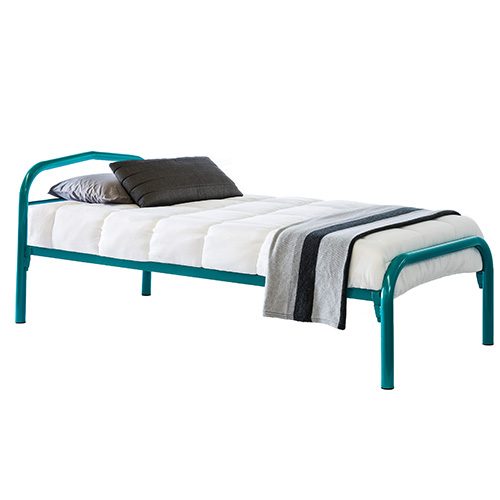 Aqua blue metal steel pole bed perfect for kids rooms or hotel rooms by Hypersonic Industries Australia